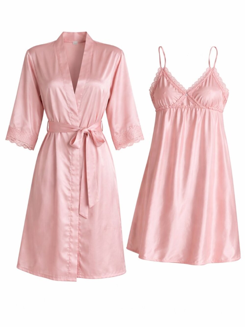 Womens Satin Nightgown Robe Set Pink Lace Sleepwear Lingerie Size L